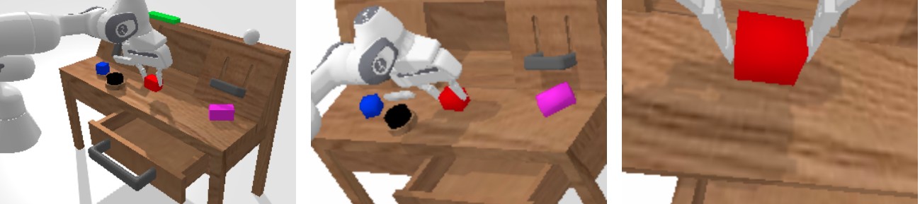 Franka robot arm manipulating blocks in the CALVIN tabletop environment